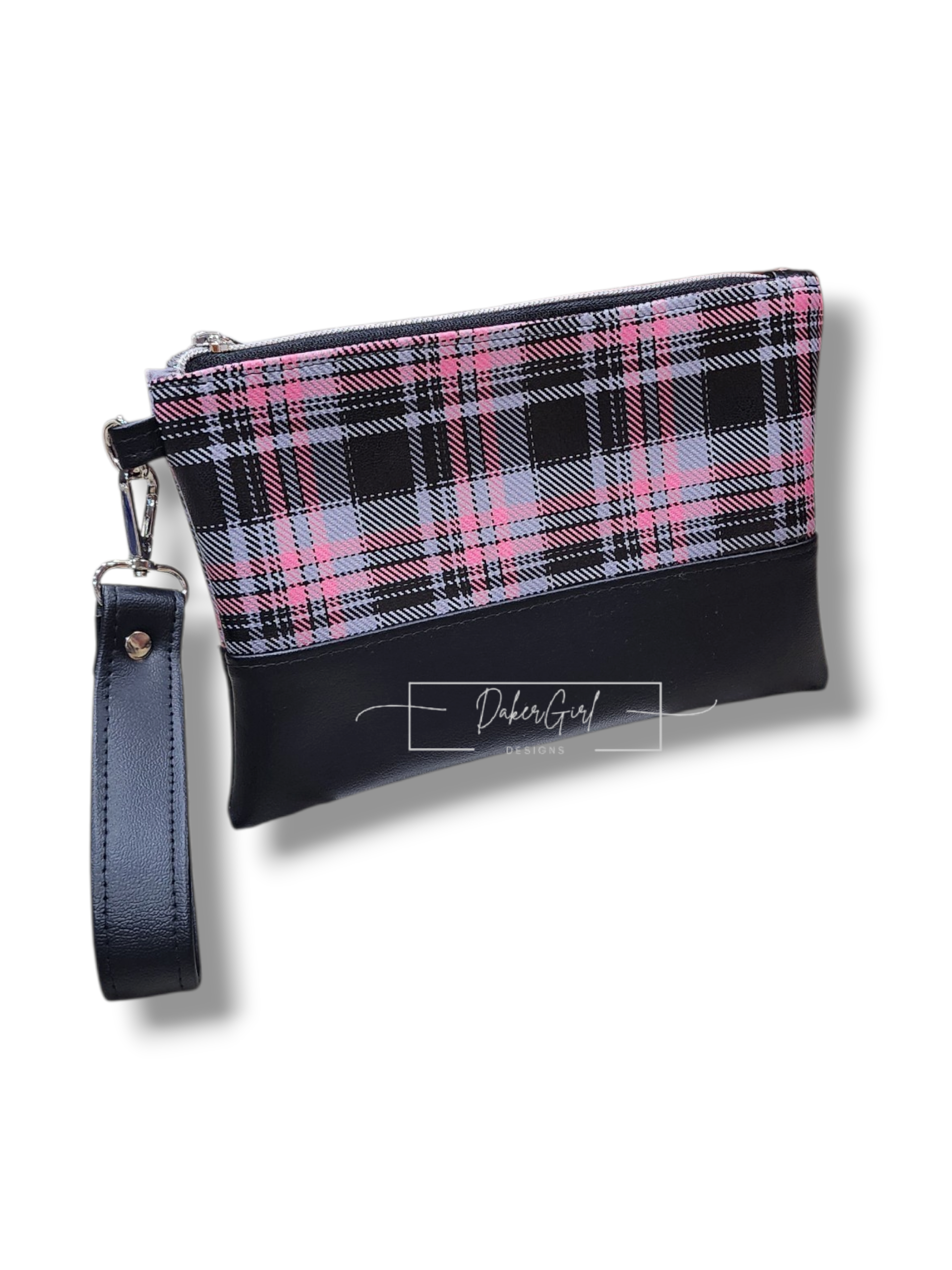 Black & Pink Plaid Print Wristlet – Vinyl Zipper Pouch