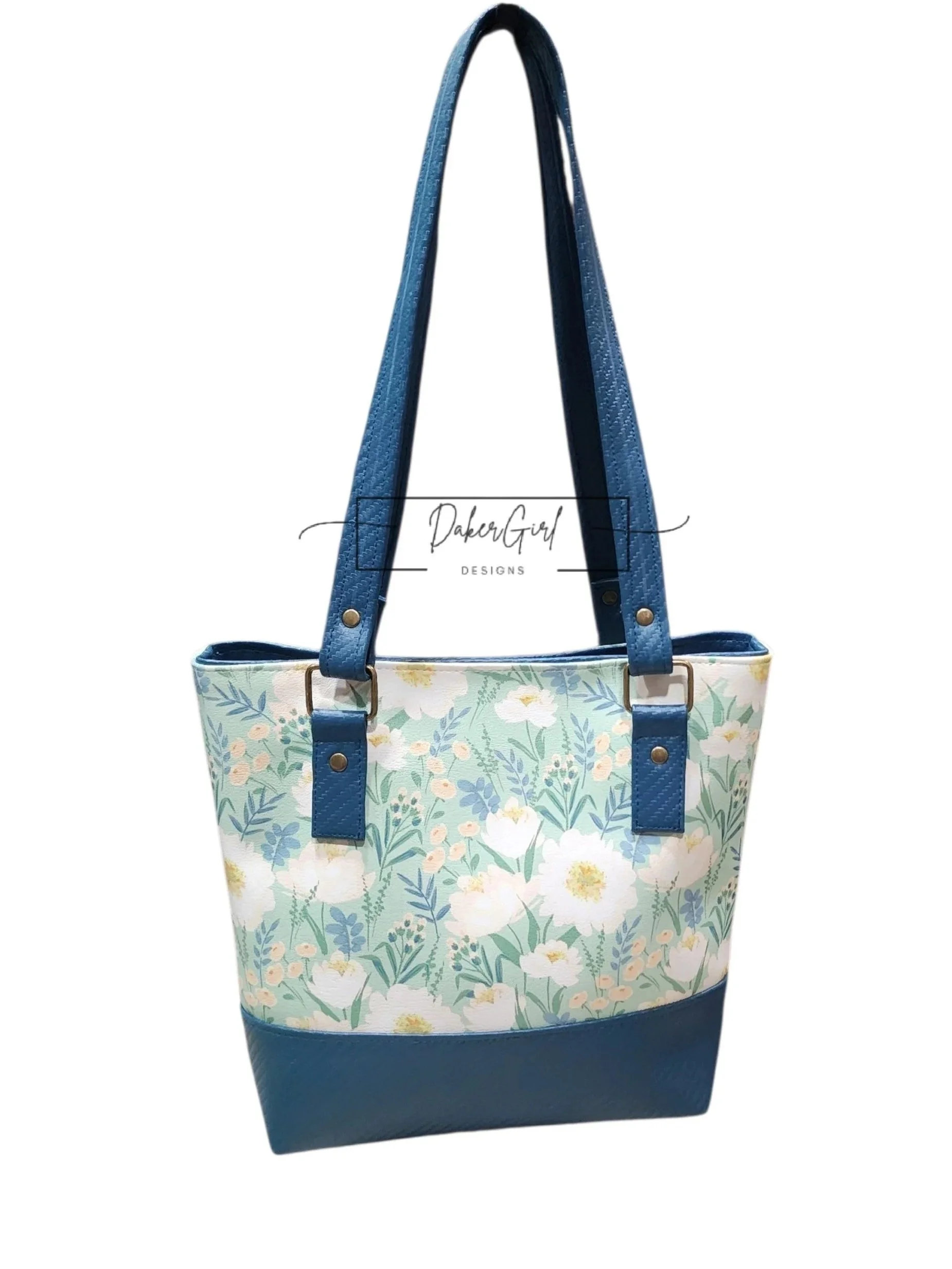 Green Floral Tote Purse with Antique Brass Accents