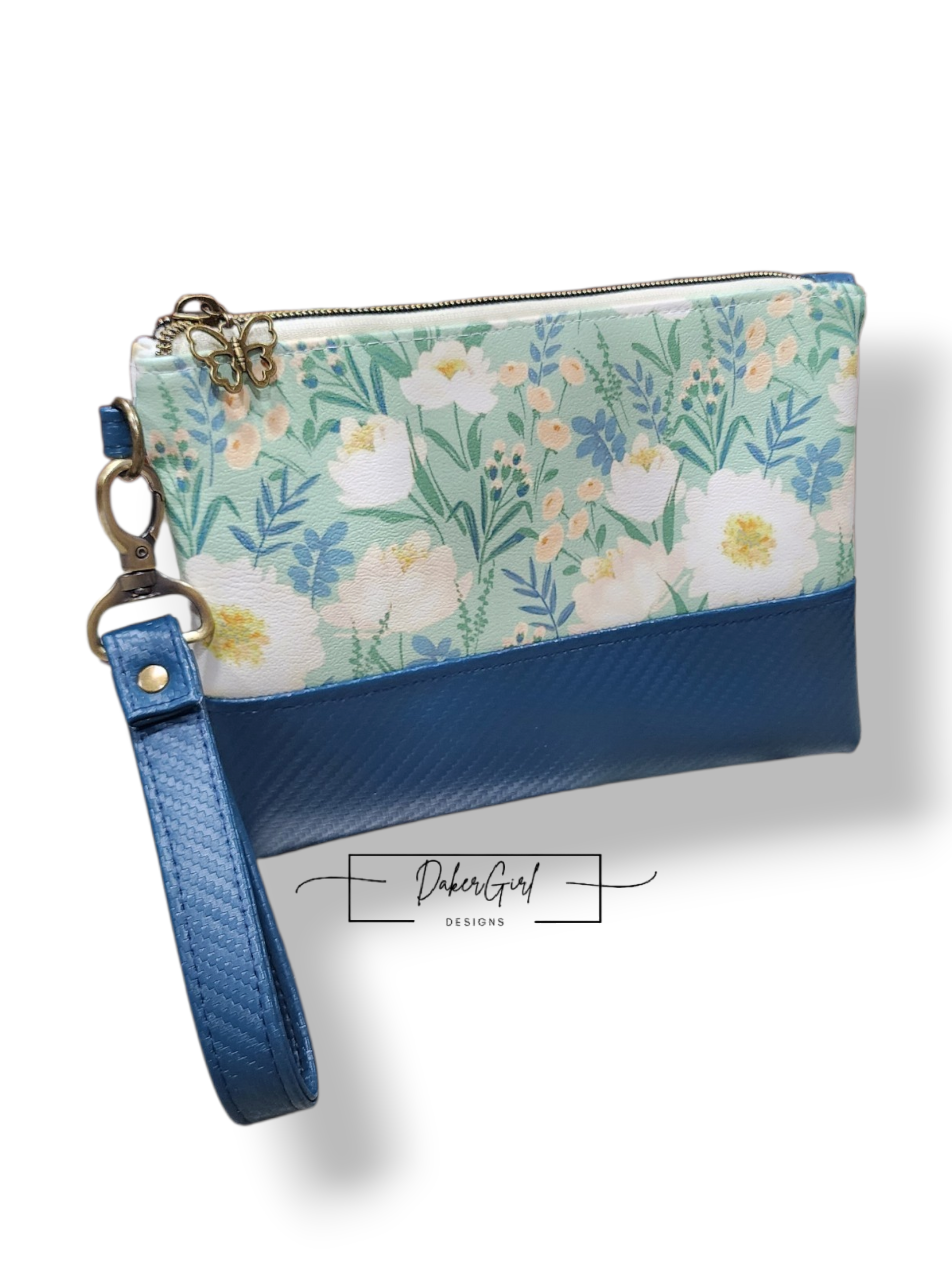 Blue & Green Floral Print Wristlet – Vinyl Zipper Pouch