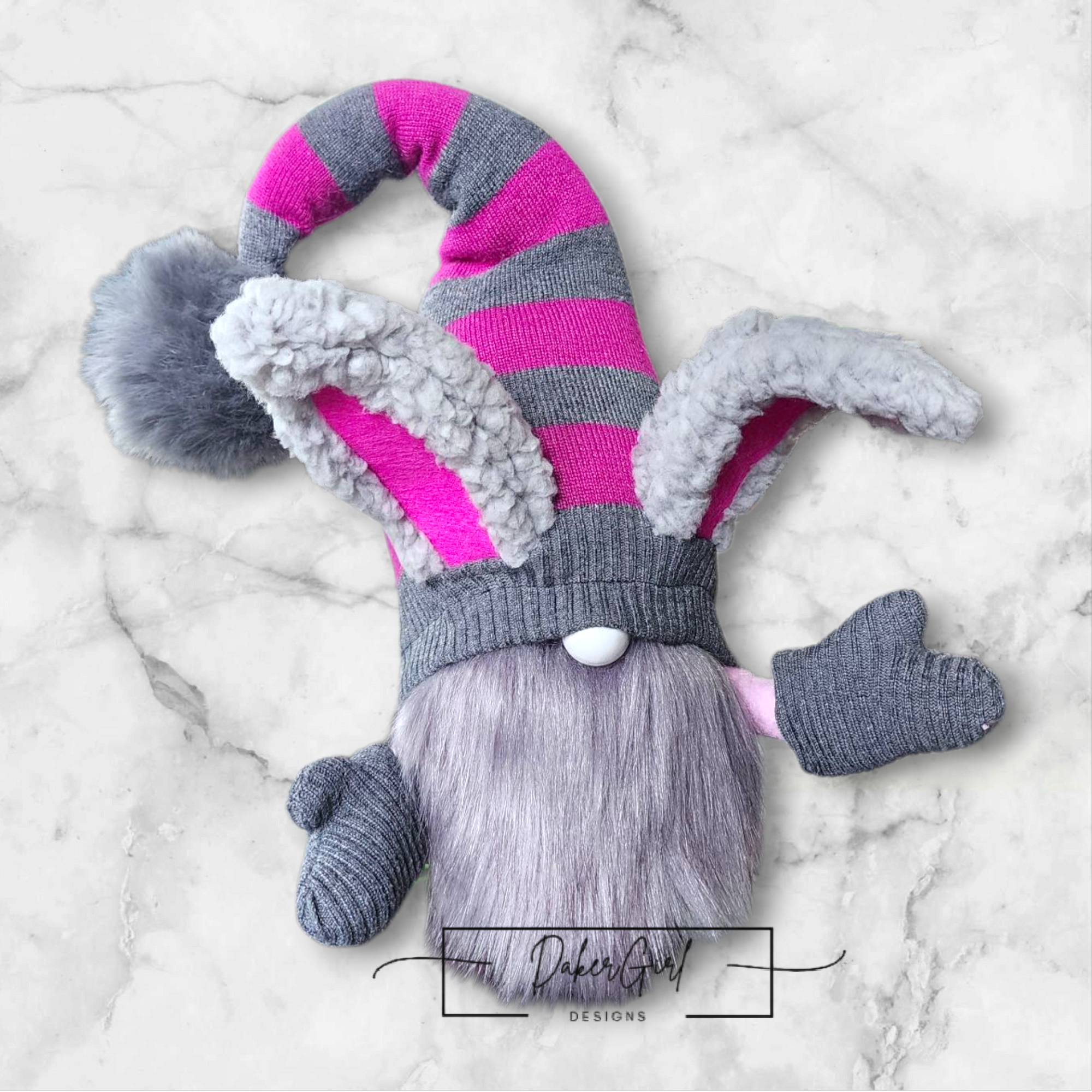 Grey and Fuchsia Striped Easter Bunny Gnome