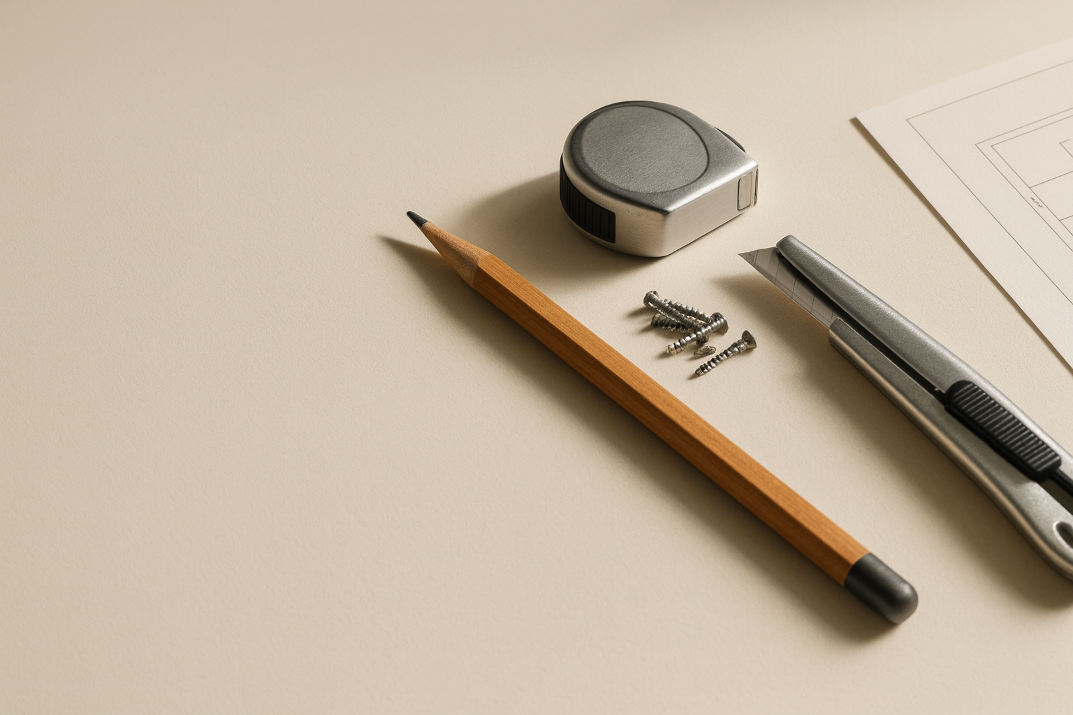 A beige desk with a wooden pencil, a silver tape measure, a pack of small screws, a utility knife, and a partially visible sheet of blueprint paper.