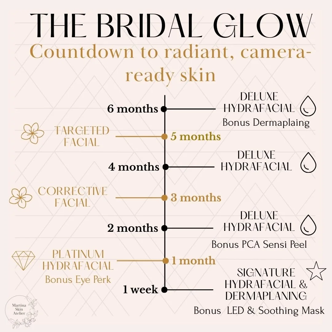 The Bridal Glow Journey &ndash; 6 Months to Radiant, Camera-Ready Skin. ✨ Call to Book ✨
A complete six-month skincare plan designed to deliver your healthiest, most radiant complexion for your wedding day. Each step is thoughtfully timed to prepare,