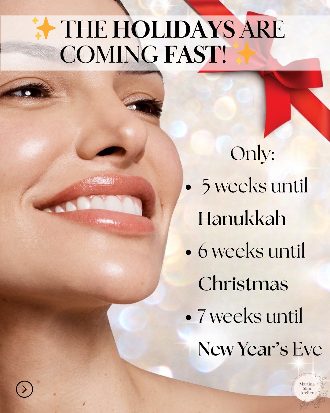 ✨ The season of celebrations is almost here! ✨
Only  5 weeks until Hanukkah, 6 weeks until Christmas, and 7 weeks until New Year&rsquo;s Eve.

This is your sign to book your treatment now&mdash;because glowing skin takes a little planning!
Whether yo