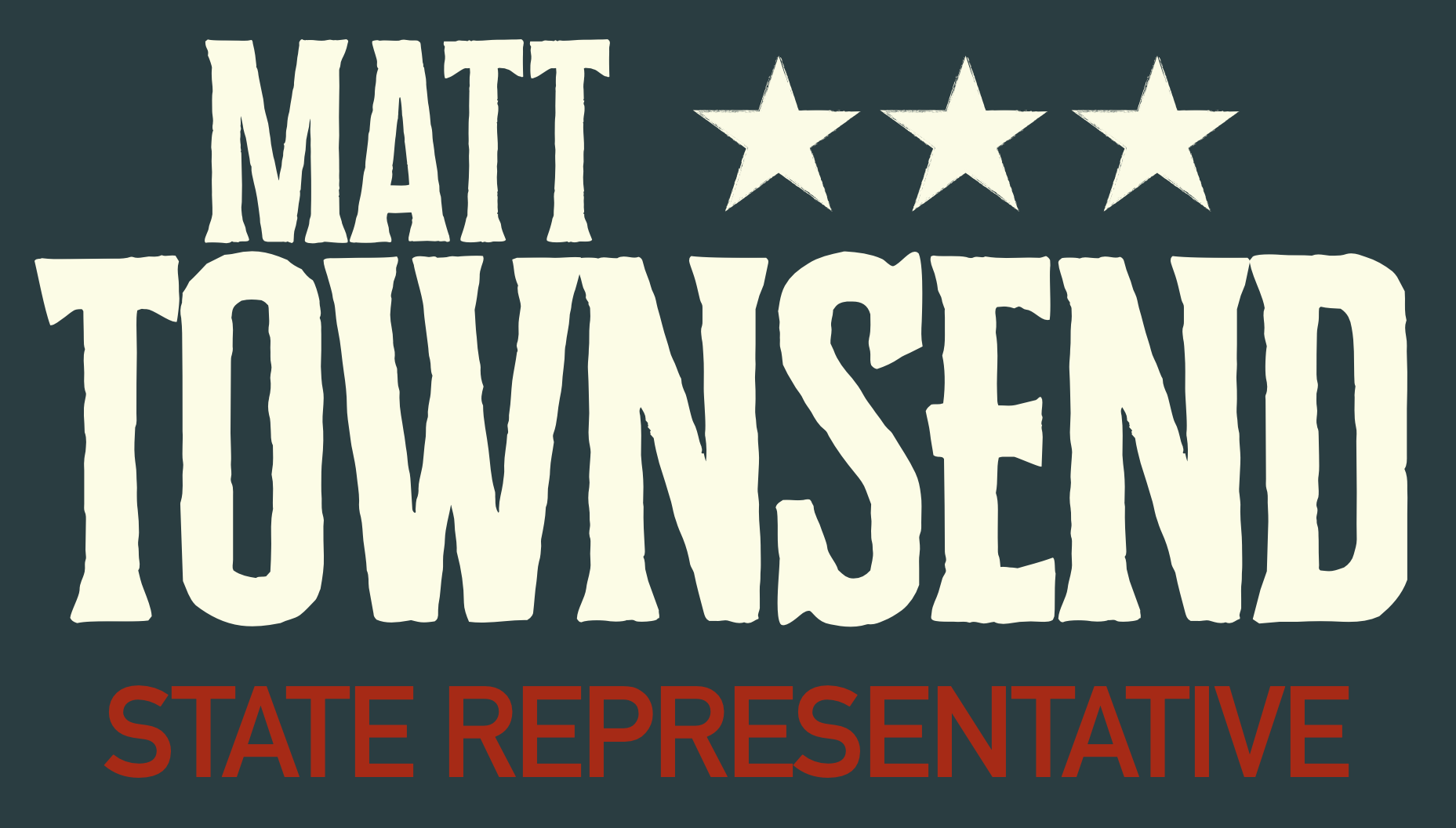 Political campaign sign for Matt Townsend as State Representative, with three white stars above his name, text in large white and red letters on a dark background.