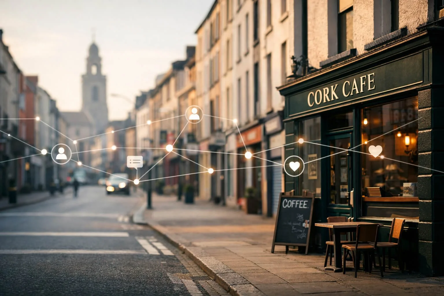 Cork city street with a local cafe and abstract social media connection icons, representing Claddagh Digital’s social media marketing and management services for local businesses in Cork and across Ireland.