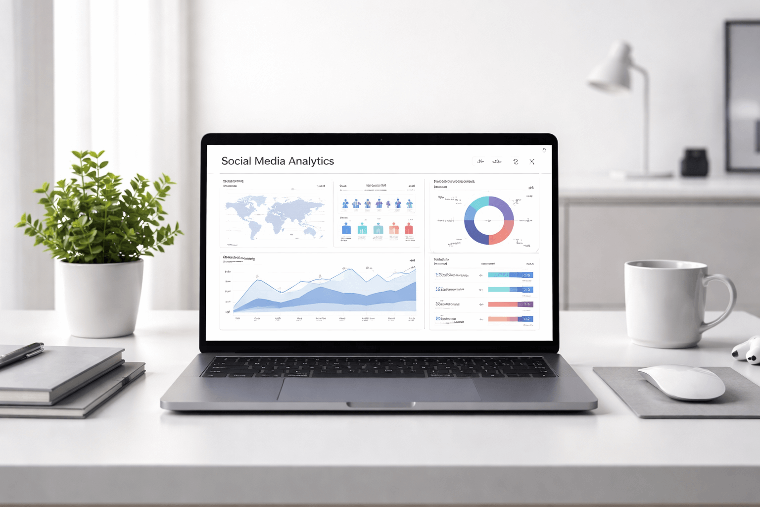 Modern desk with laptop displaying social media analytics dashboards for Claddagh Digital social media management in Cork