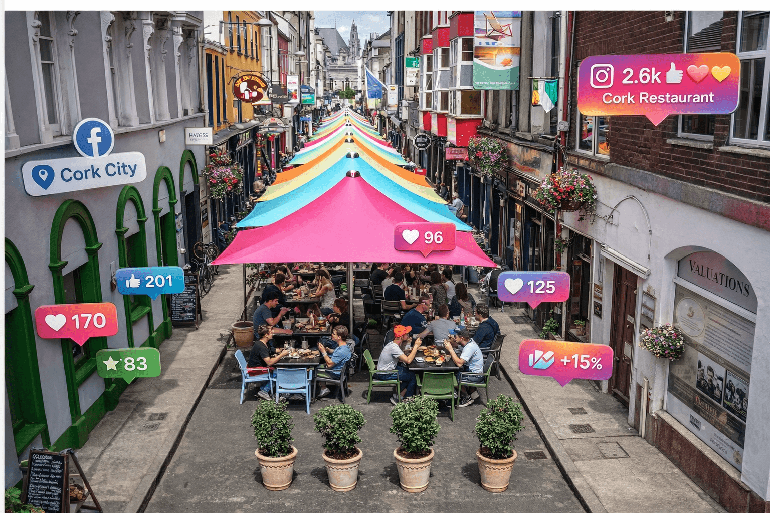 outdoor dining scene in Cork city with customers enjoying hospitality experience showing how Claddagh Digital social media marketing Cork helps restaurants attract engagement and increase bookings.