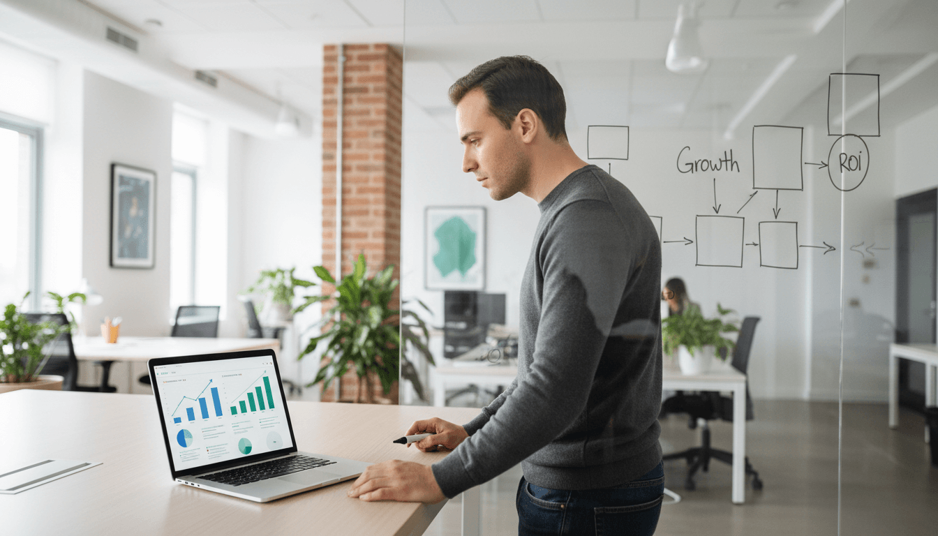 Man reviewing analytics charts on a laptop in a modern office with the words growth and ROI on the glass, representing professional social media audits for businesses in Cork and across Ireland by Claddagh Digital.
