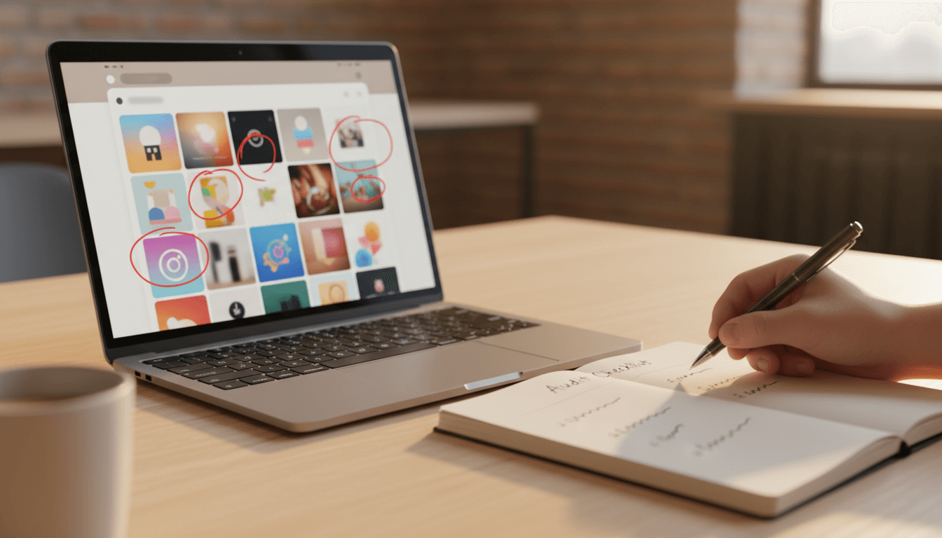 Laptop screen showing circled social media posts while a person writes notes in a notebook, representing detailed social media audit and Instagram profile review services by Claddagh Digital in Cork.