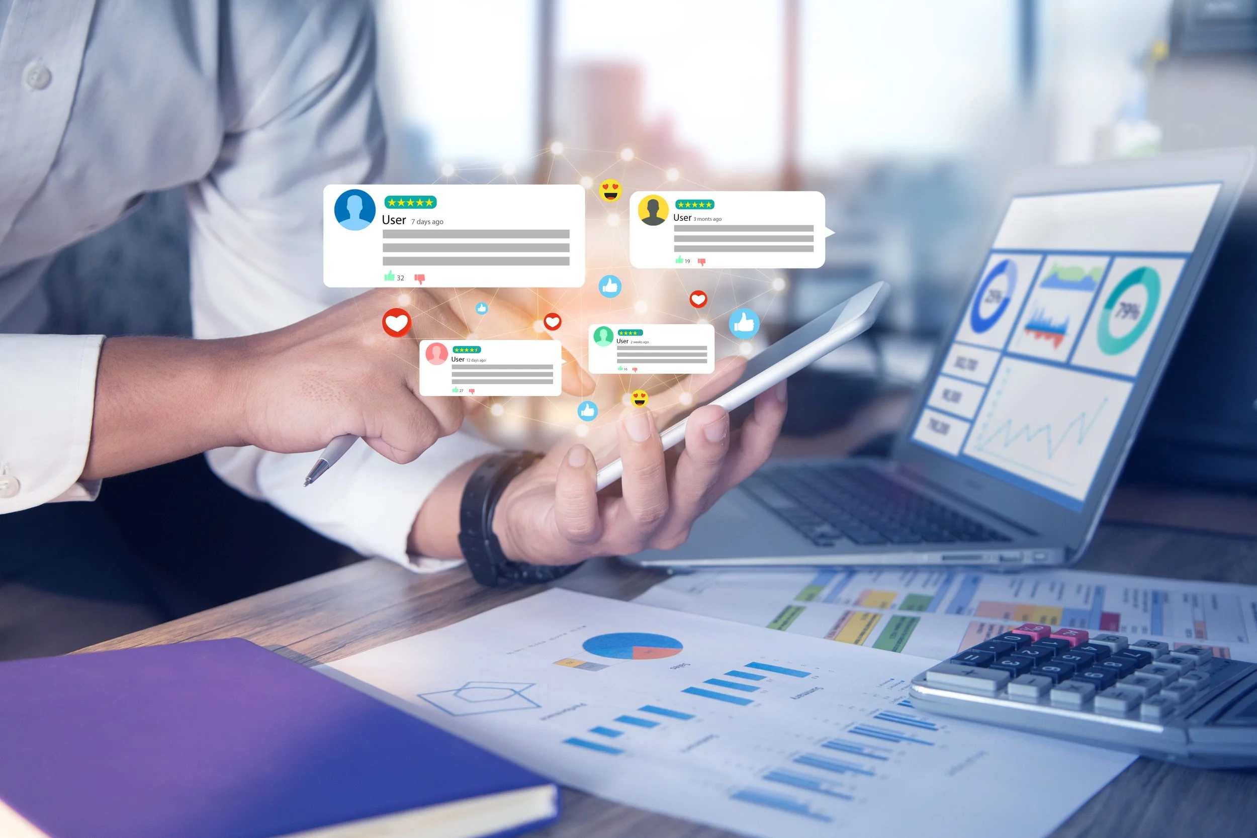 Business person tracking social media reviews on a smartphone and analyzing growth charts on a laptop, visualizing the ROI delivered by Claddagh Digital.