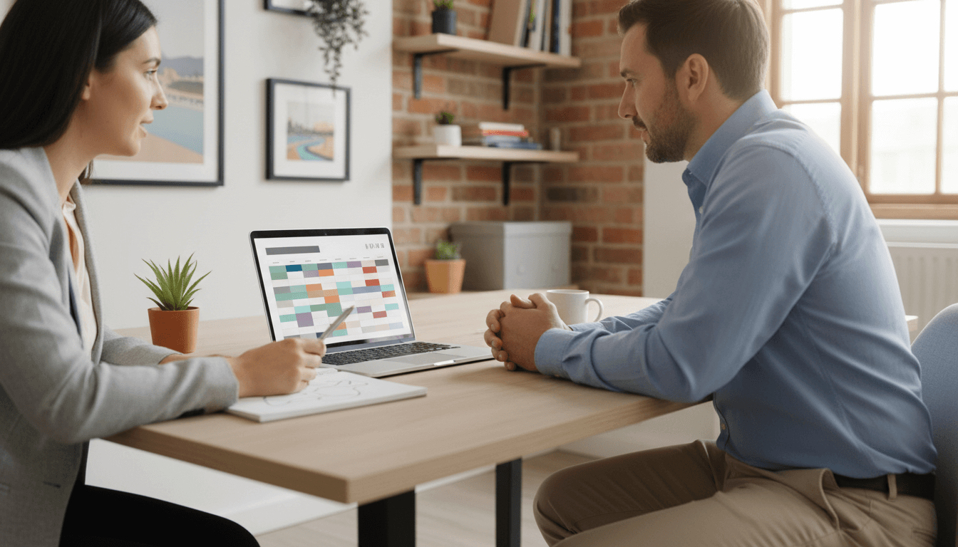 Two business professionals discussing a social media content calendar on a laptop, representing Claddagh Digital's consultation and strategic planning services for businesses in Cork. Contact us for a personalized social media strategy.