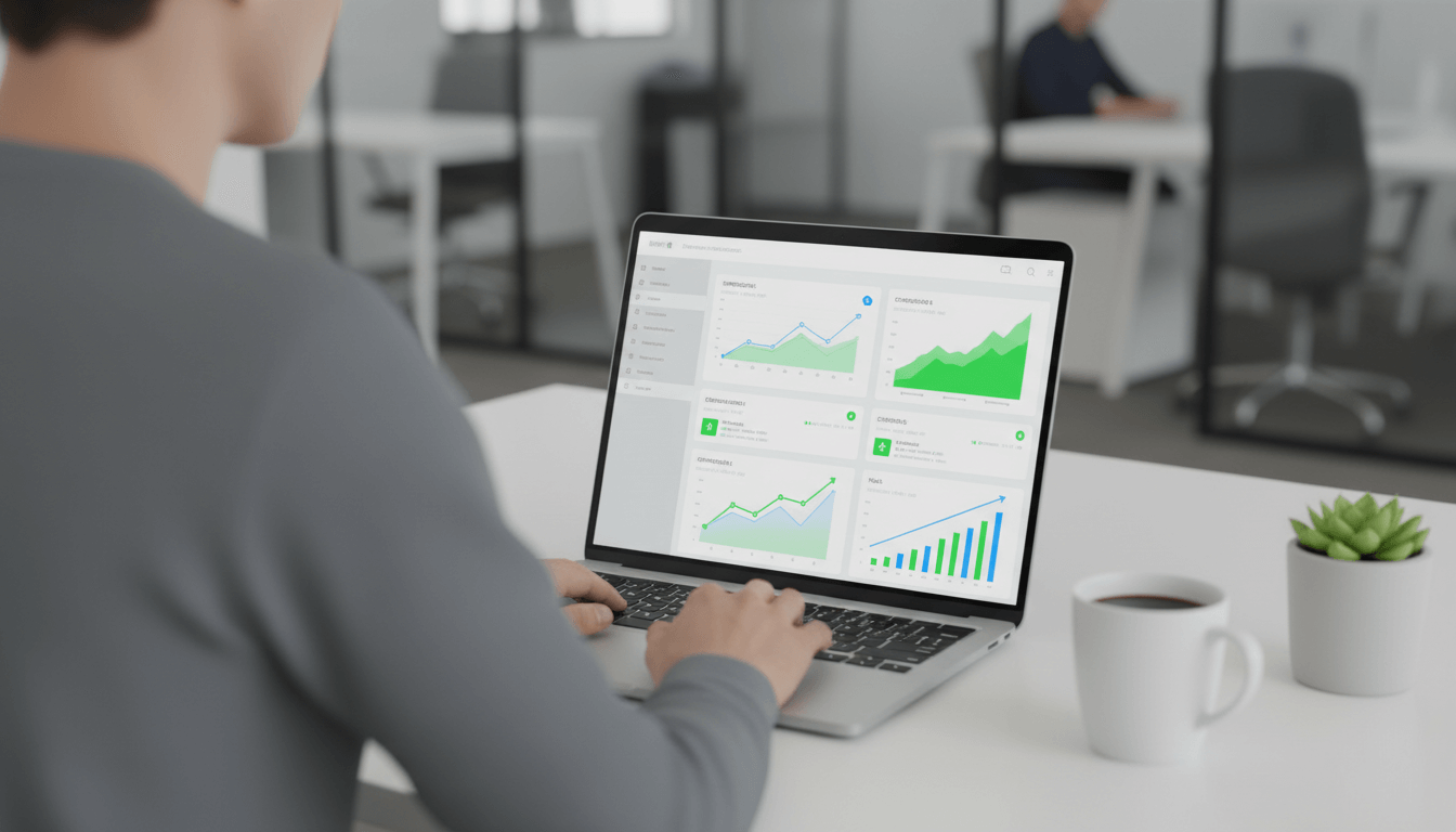 Man working on a laptop displaying a social media analytics dashboard with various charts and graphs, representing Facebook management, performance tracking, and reporting services by Claddagh Digital in Cork.