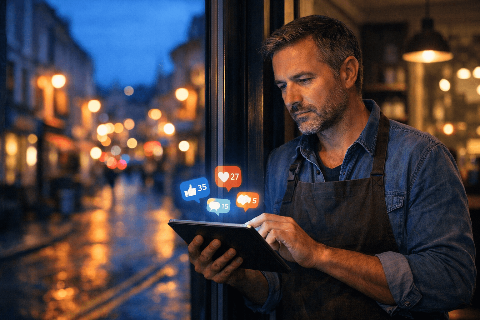 Small business owner in Cork checking social media notifications on a tablet, representing social media management services.
