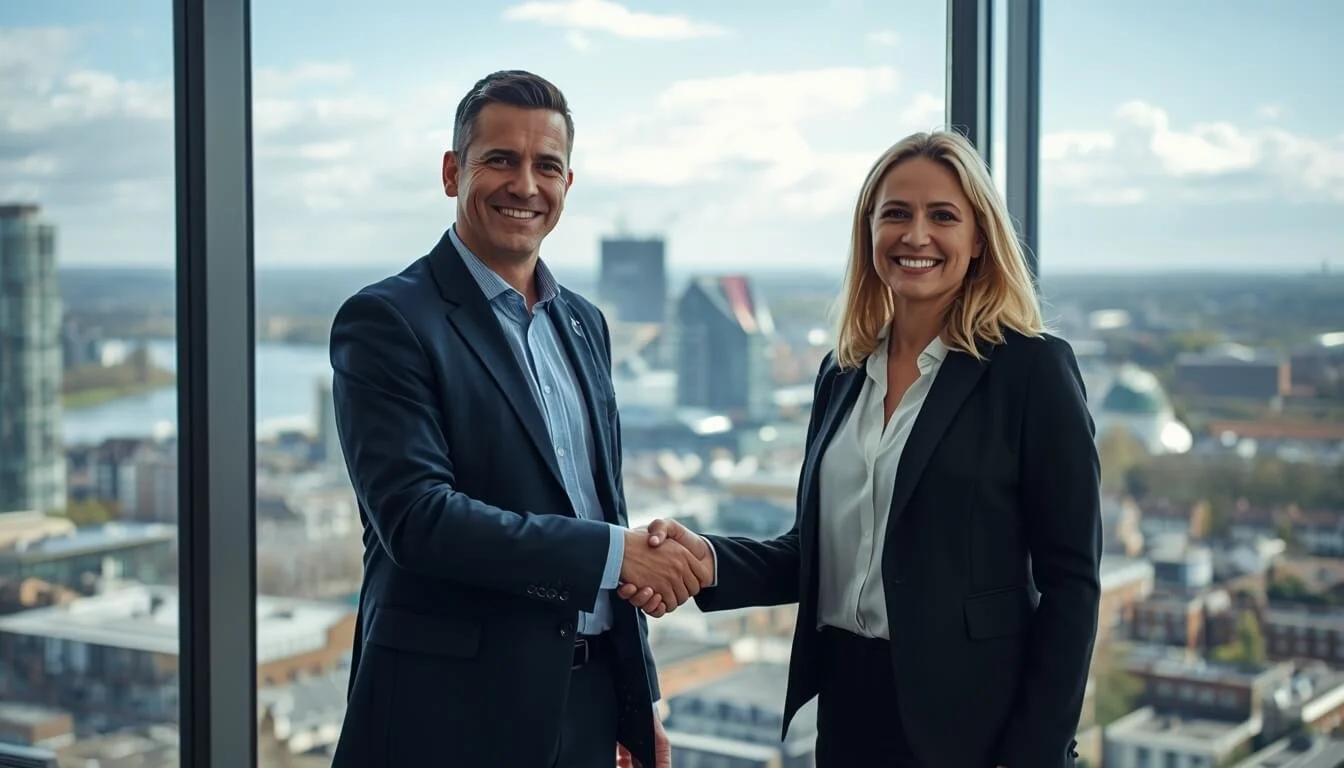 Two business professionals shaking hands in a modern office at sunset, representing Claddagh Digital’s professional, results‑driven LinkedIn management for B2B companies in Cork and across Ireland, from brand awareness to leads and recruitment.