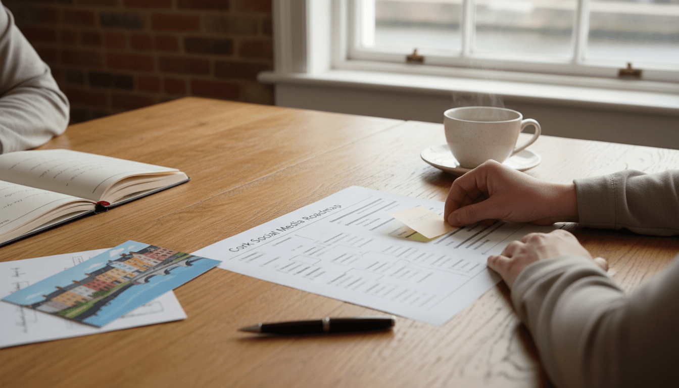 Hands working on a document titled “Cork Social Media Roadmap” with notes, postcards and coffee on the table, representing Claddagh Digital’s social media strategy and communication planning services for businesses in Cork and across Ireland.