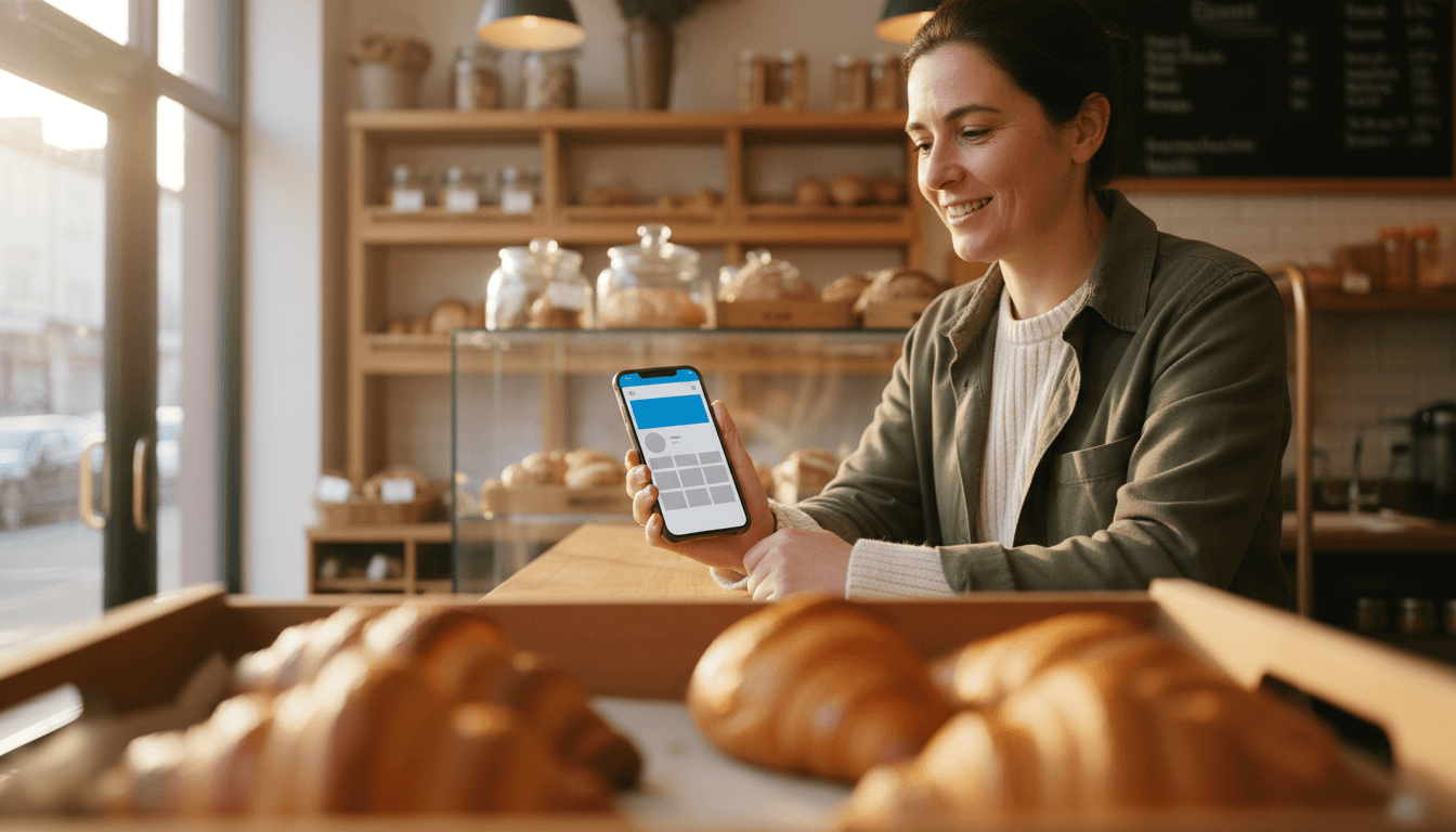 Smiling woman in a bakery or cafe looking at a smartphone, representing Claddagh Digital's Facebook management services for local businesses in Cork, focusing on customer engagement and online presence.