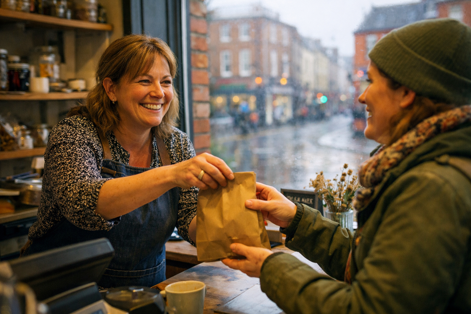 A smiling local shop owner in Cork handing a paper bag to a happy customer inside a cozy store with a rainy Irish street in the background, illustrating successful customer acquisition