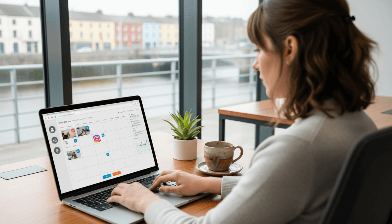 Woman managing a social media scheduling dashboard on a laptop with Cork city in the background, representing professional, results‑driven social media management for brands by Claddagh Digital.
