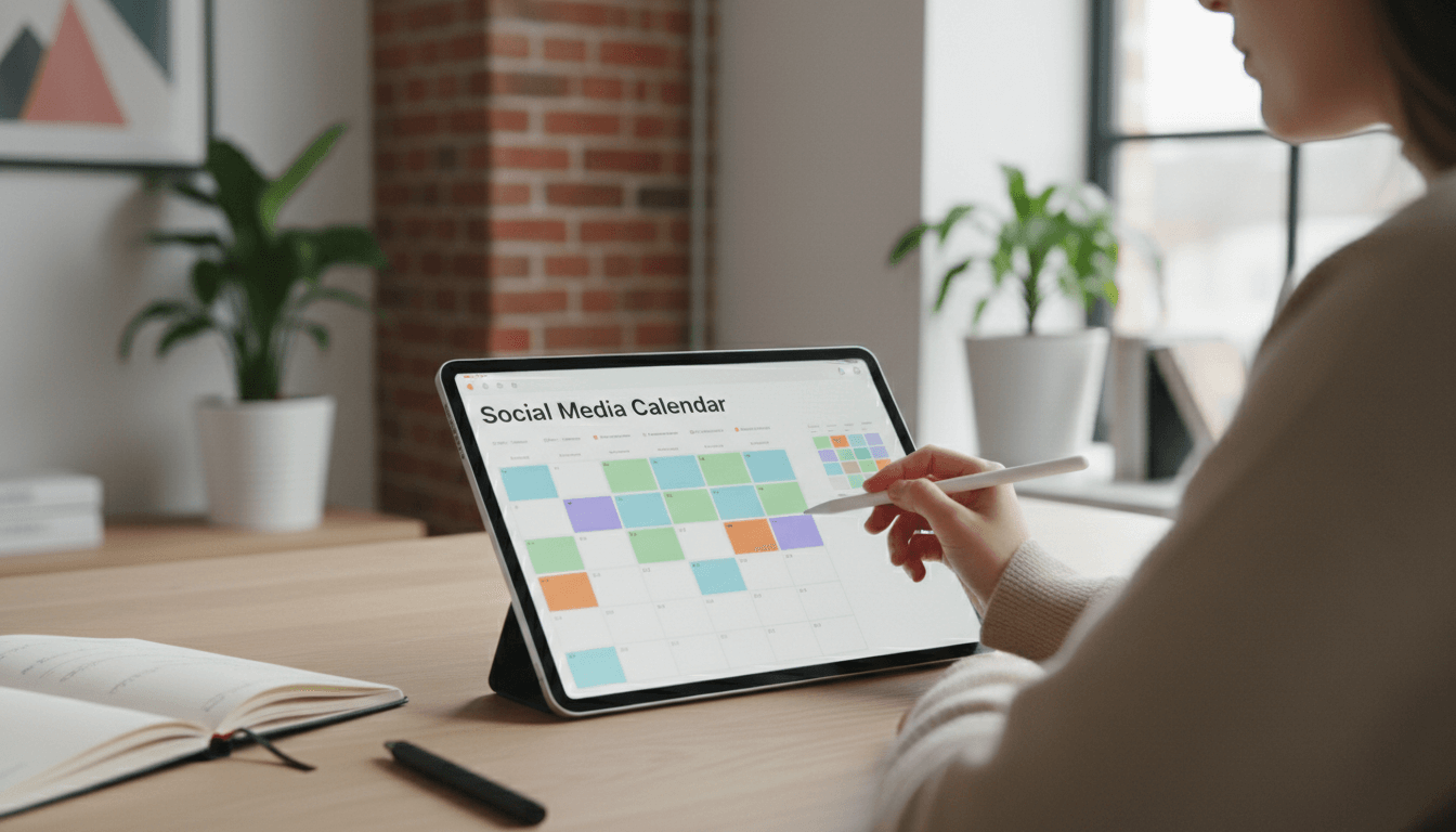 Woman using a tablet displaying a social media calendar with scheduled posts, representing strategic social media management and content planning services by Claddagh Digital in Cork.