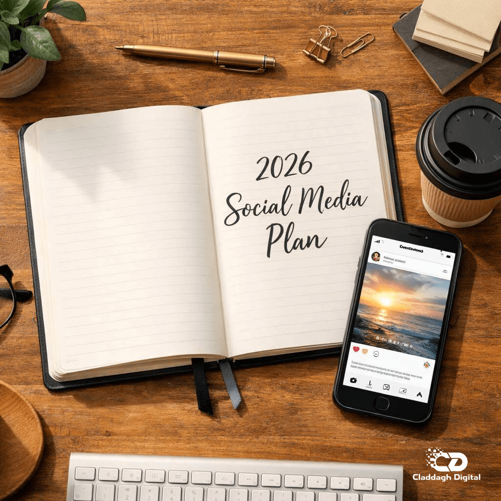 Planning a 2026 social media strategy for Cork businesses, showing an open notebook with a plan and a smartphone displaying Instagram
