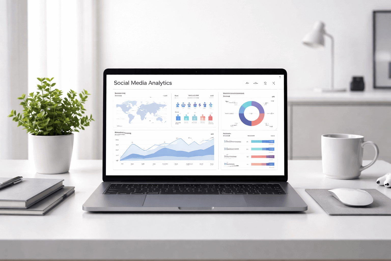 A laptop screen displaying a detailed social media analytics dashboard on a clean, modern desk