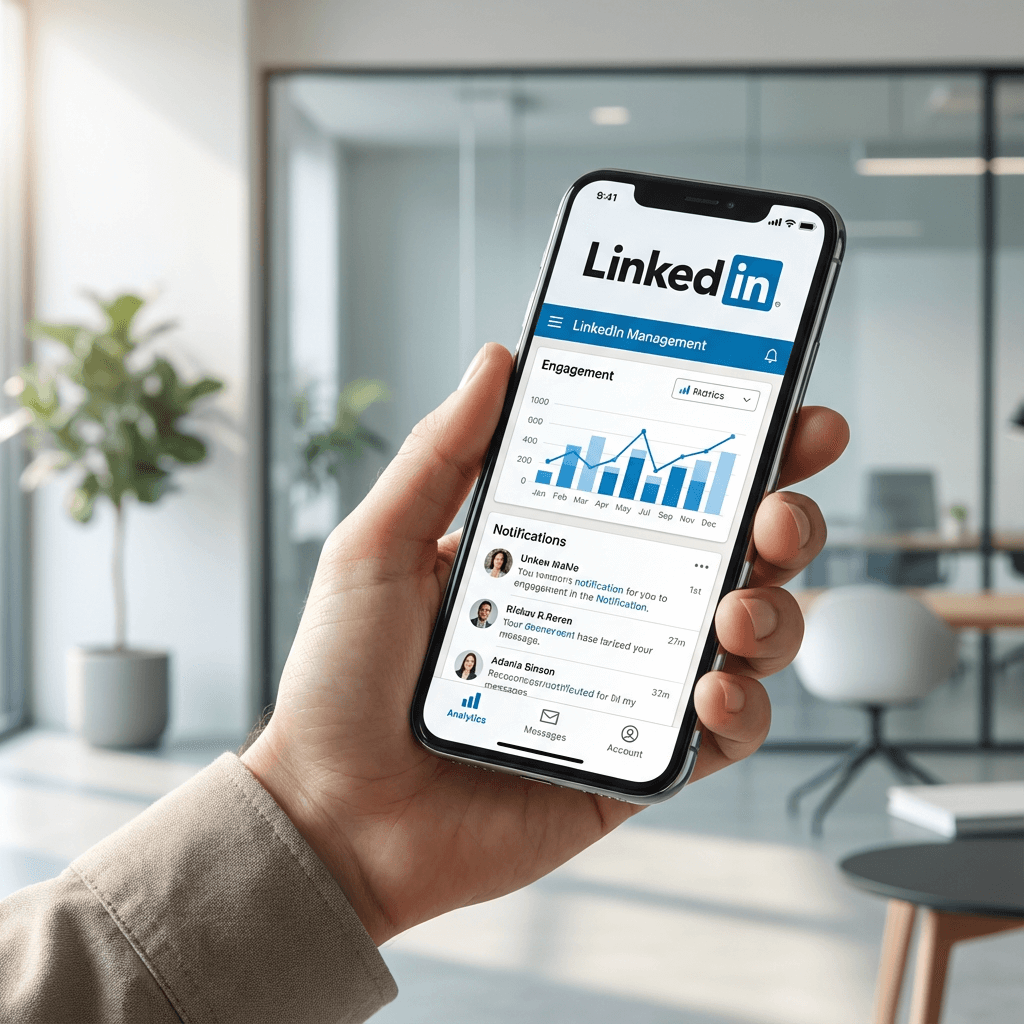 LinkedIn engagement management dashboard on iPhone - Claddagh Digital LinkedIn services Cork Ireland