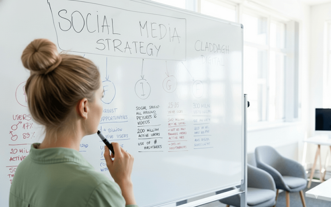 Social media strategy whiteboard planning session by Claddagh Digital in Cork Ireland - content audience targeting diagram