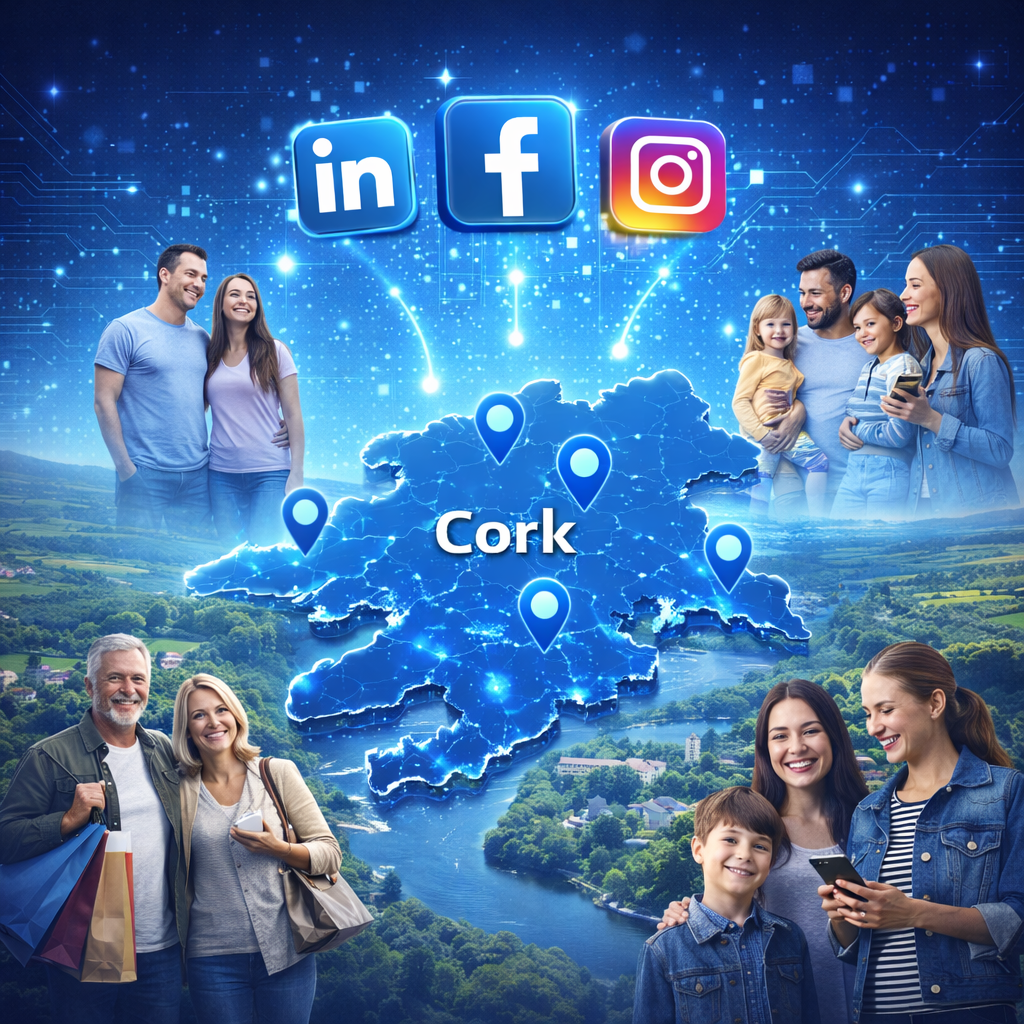 Digital illustration of Cork with LinkedIn, Facebook and Instagram icons showing how social media marketing connects local customers and businesses in Cork – Claddagh Digital.