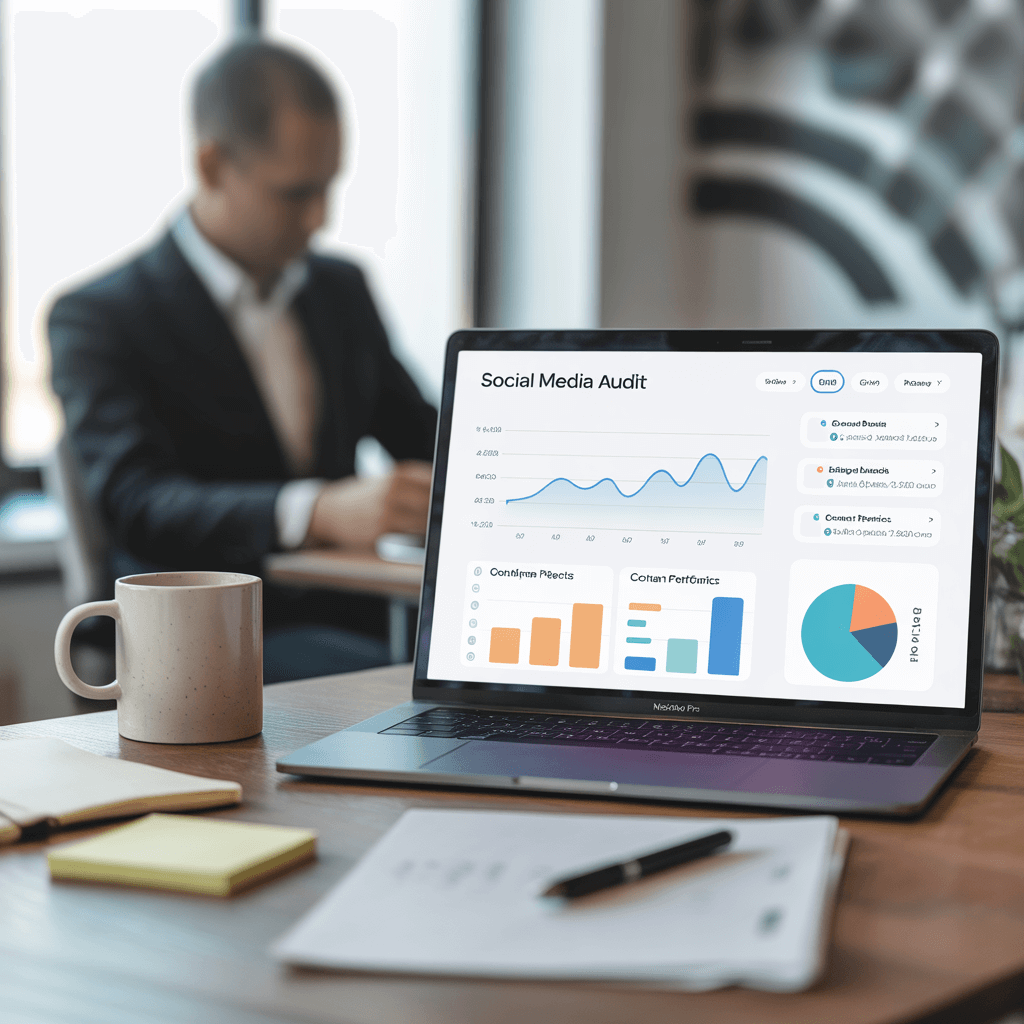 Social media audit dashboard analysis on MacBook Pro - Claddagh Digital performance reporting Cork Ireland