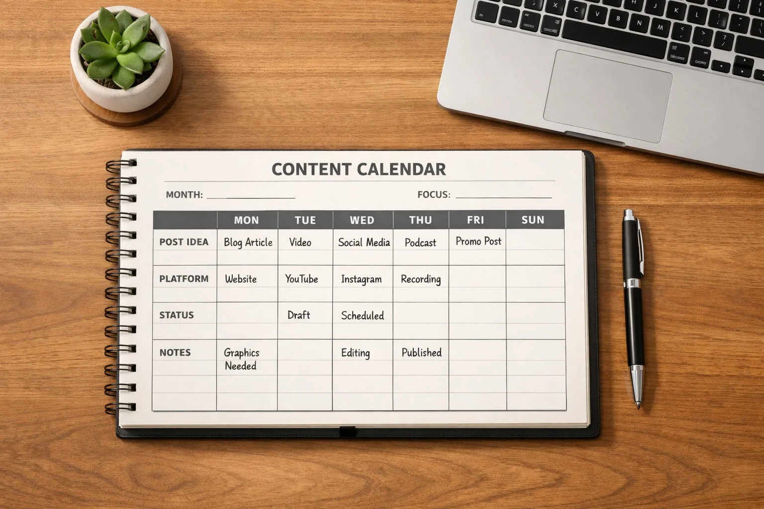 Modern wooden desk with structured social media content calendar planner, laptop and pen in Claddagh Digital office in Cork