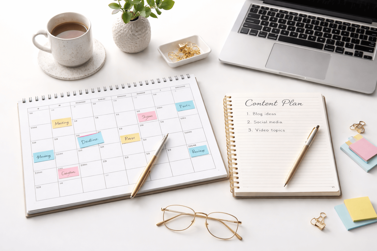 Top-down view of a professional desk with a content plan notebook, monthly calendar with sticky notes, laptop and coffee, representing Claddagh Digital’s social media content planning and strategy services for businesses in Cork.