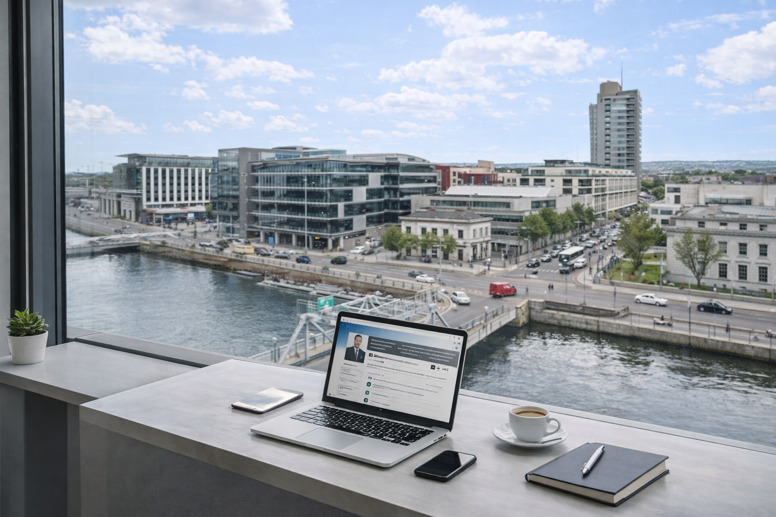 Linkedin profile optimisation cork showing business workspace with laptop and cork city background representing how professional services in ireland use linkedin marketing strategy to generate leads and attract clients.