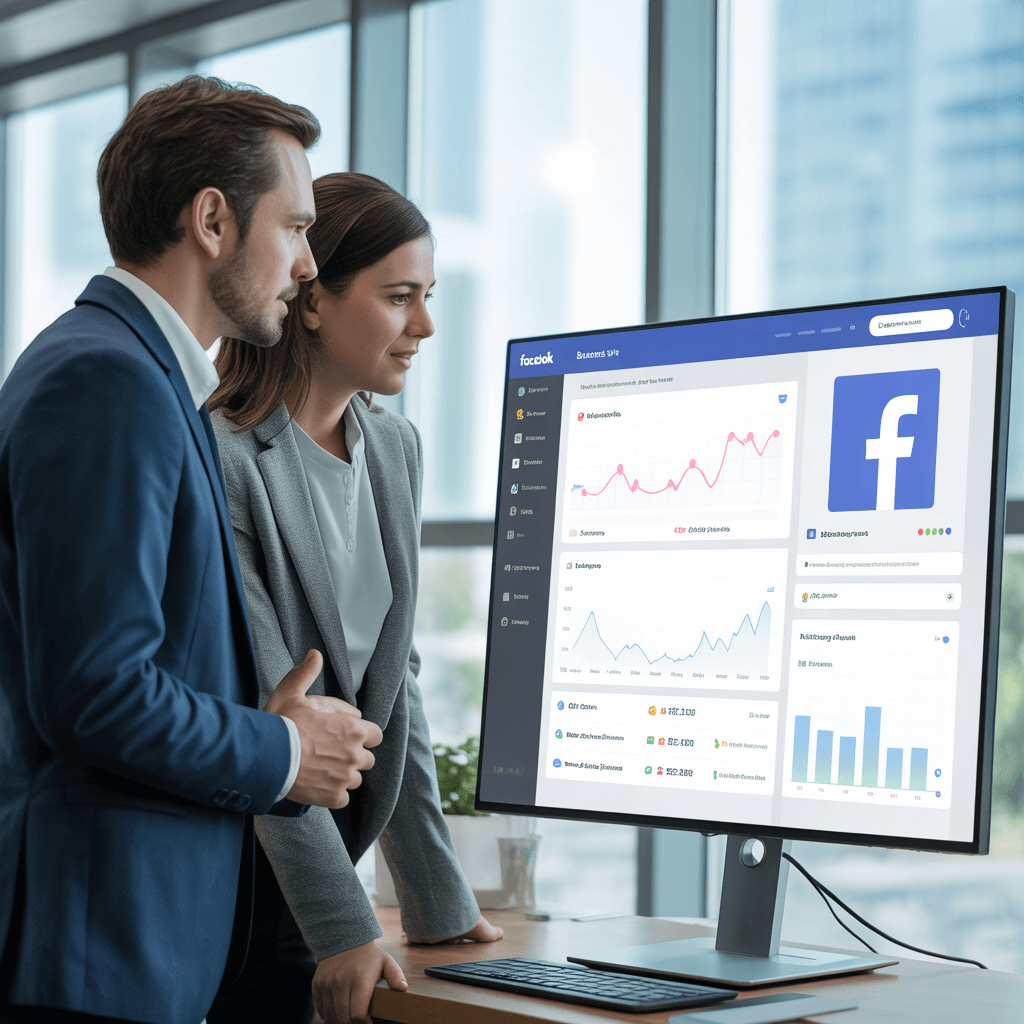 Professional social media team in Cork Ireland analyzing Facebook ads analytics on monitor - Claddagh Digital services
