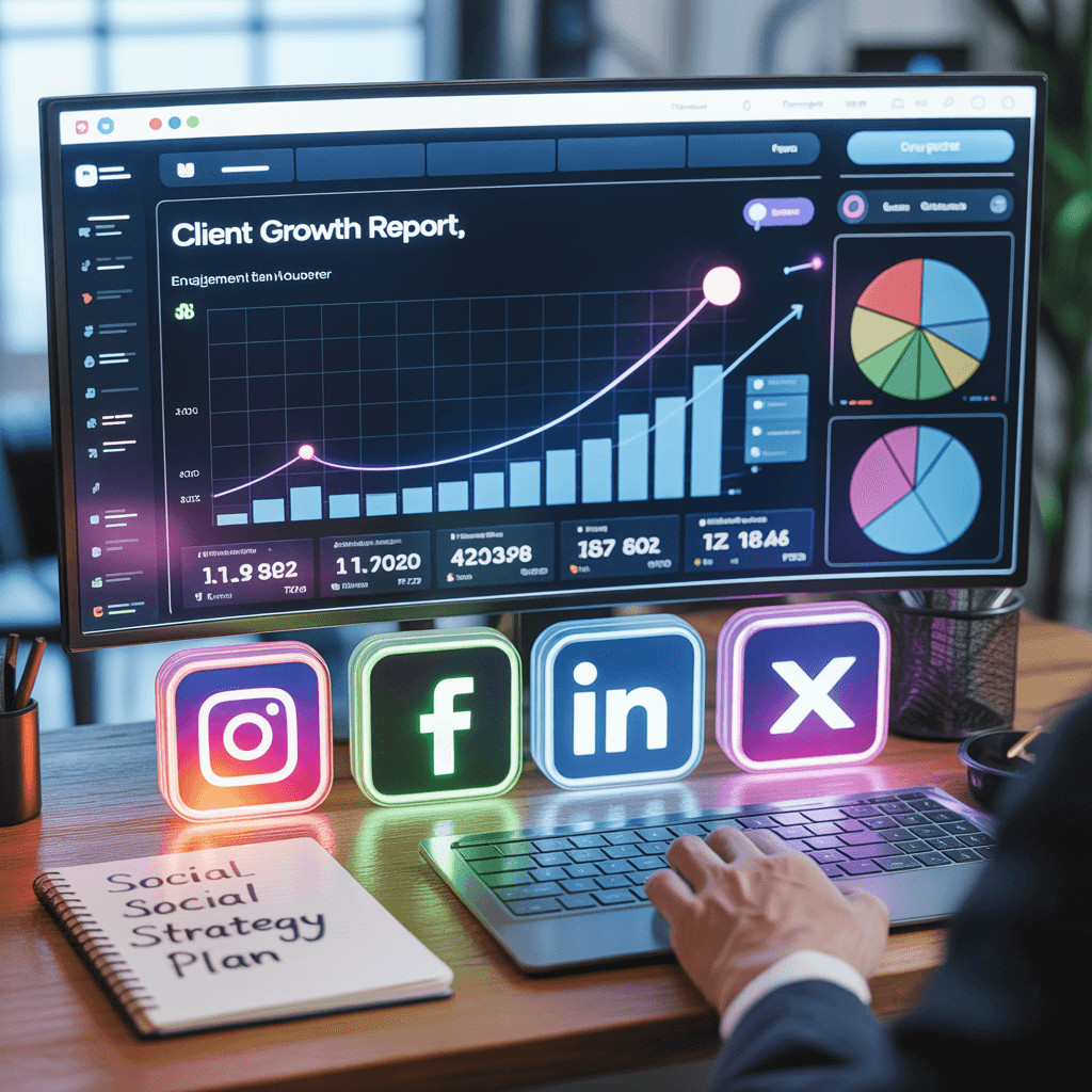 Social media marketing agency in Cork showing client growth report with analytics dashboard and social media icons for Instagram, Facebook, LinkedIn and X on screen.