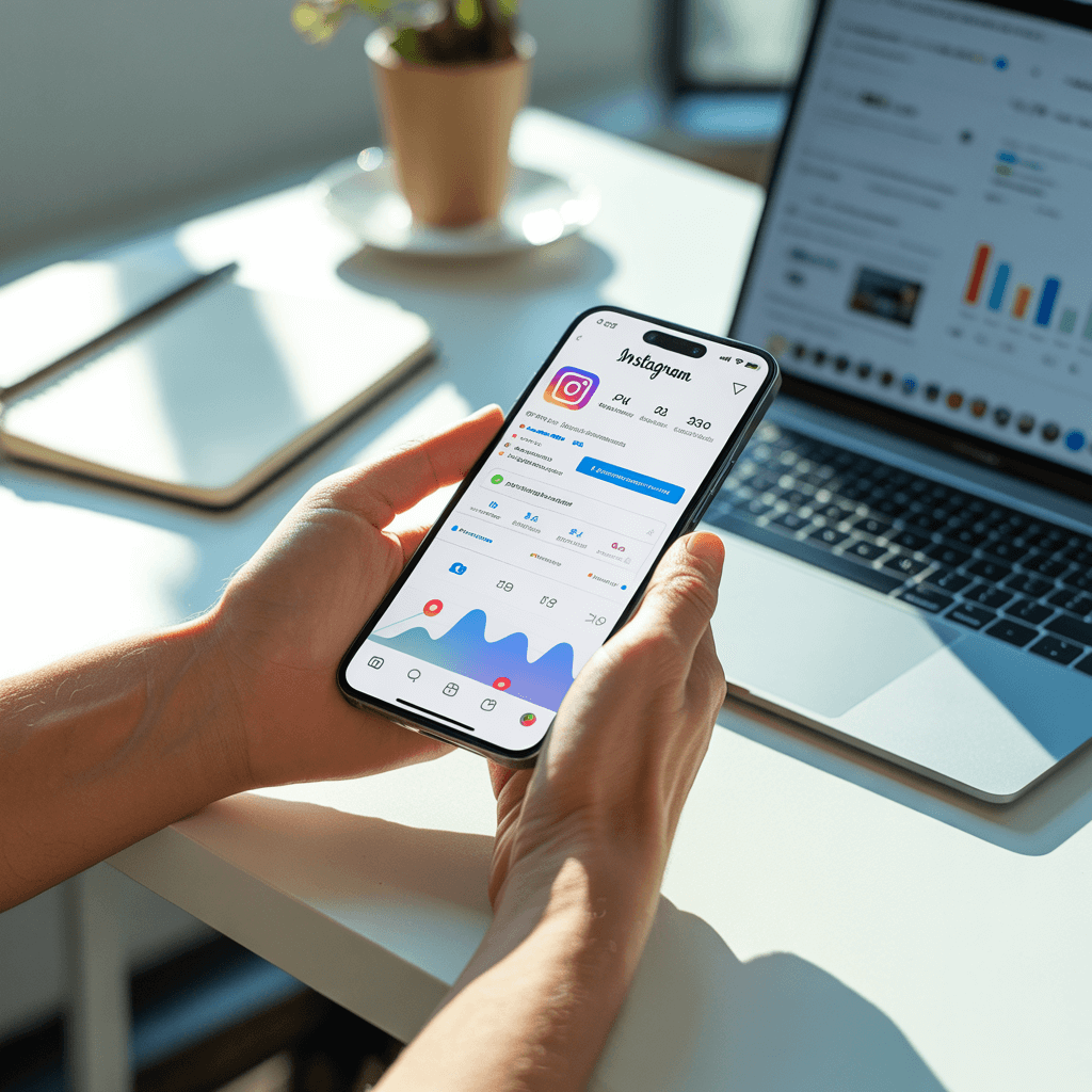 Social media manager in Cork Ireland holding phone with Instagram analytics next to laptop charts - Claddagh Digital services