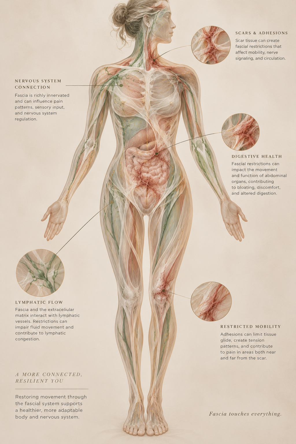 Diagram of a human female body highlighting fascia and its role in various bodily functions with labeled sections on scars and adhesions, nervous system connection, lymphatic flow, digestive health, and restricted mobility.