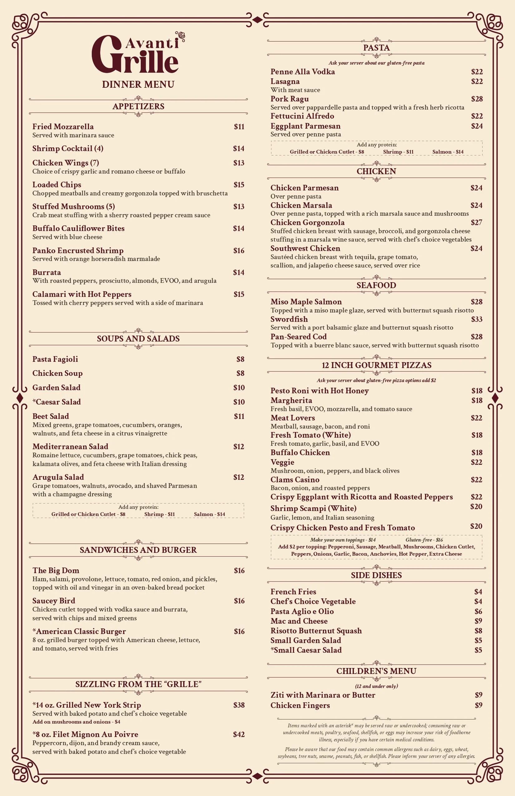 A restaurant dinner menu titled 'Avanti Grille' with sections for appetizers, soups and salads, pasta, chicken, seafood, pizza, side dishes, and children's menu. The menu features various dishes with prices listed.