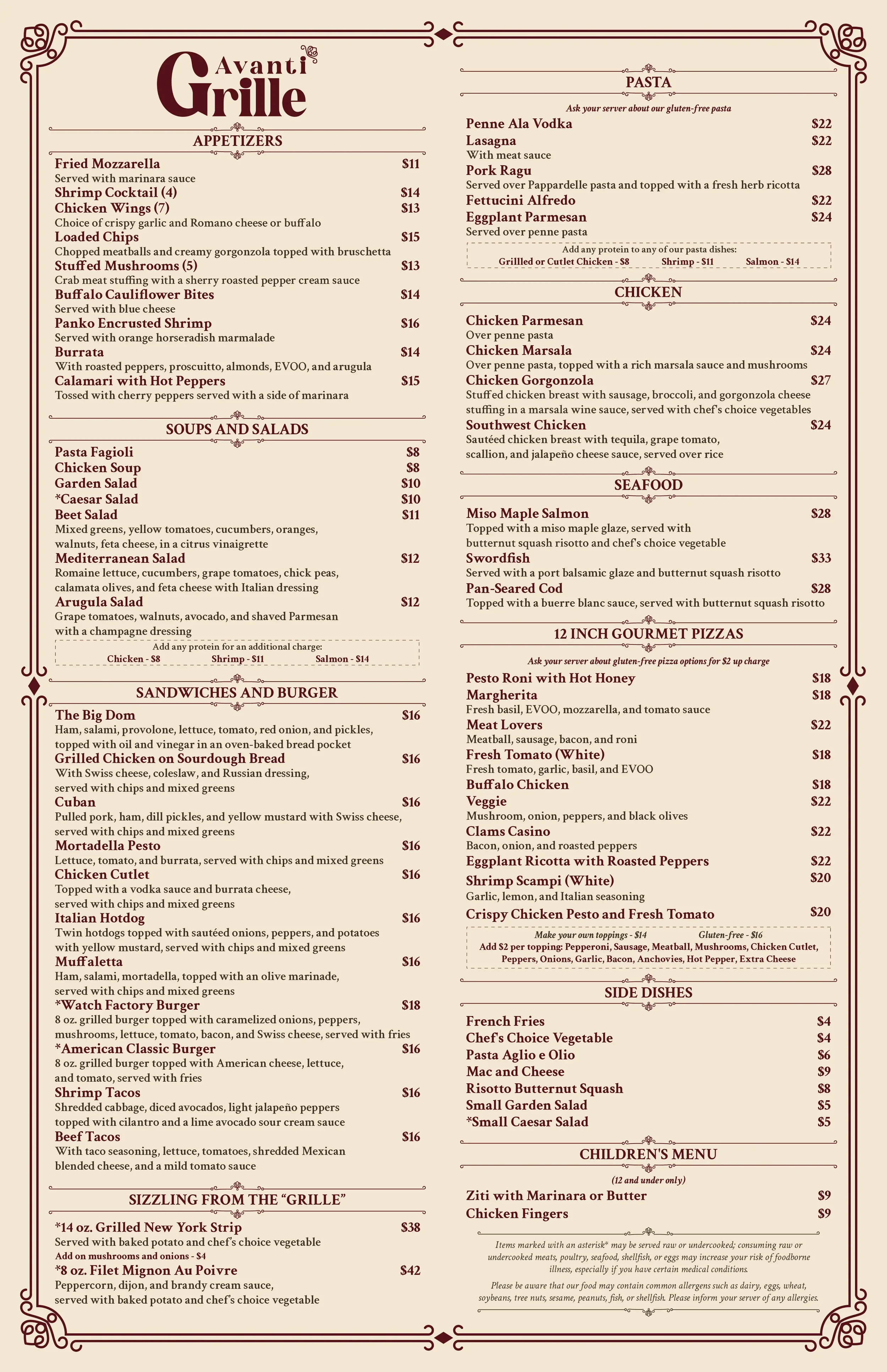 A restaurant menu for Avanti Grille listing appetizers, soups, salads, sandwiches, burgers, pasta, chicken, seafood, pizzas, side dishes, and children's menu with prices.