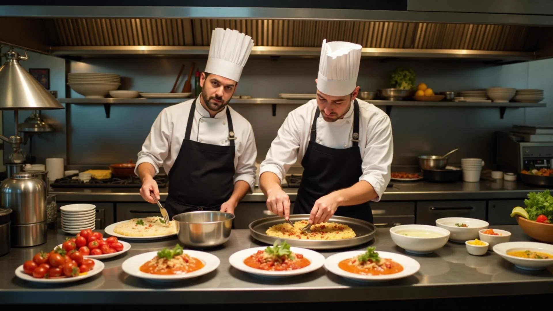 Two chefs in white hats and aprons preparing dishes in a professional kitchen, with plates of tomato-based sauces and various ingredients on the counter in front of them.