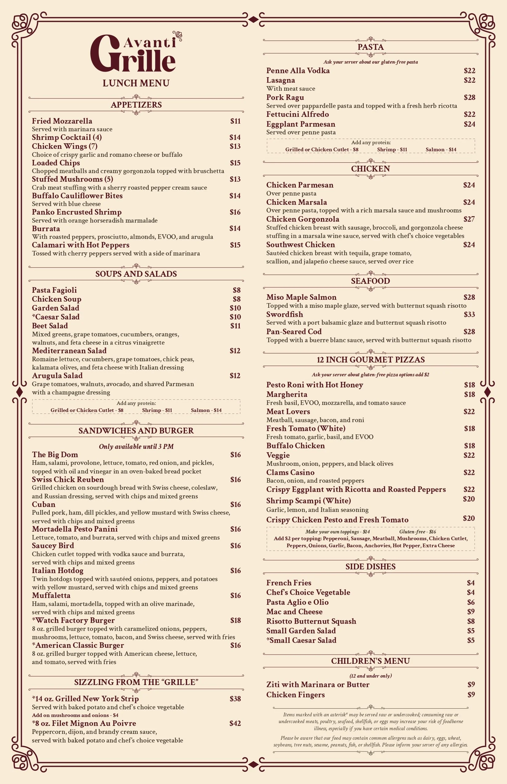 Lunch menu from Avanti Grille featuring appetizers, soups, salads, sandwiches, pasta, chicken, seafood, pizza, side dishes, and children's menu.