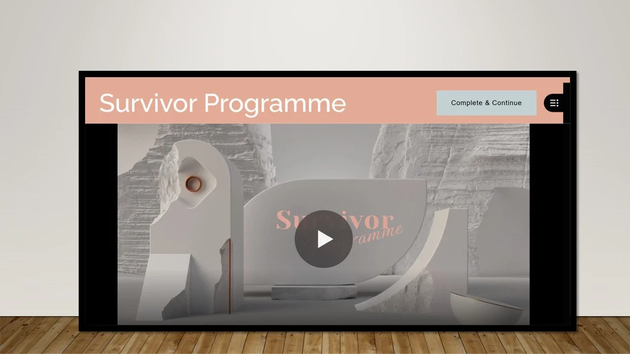 A digital interface titled "Survivor Programme" with a "Complete & Continue" button in the top right corner, featuring a modern abstract background with stone-like textures and curved shapes.