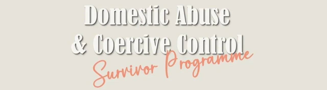 Text reading 'Domestic Abuse & Coercive Control Survivor Programme' on a beige background.