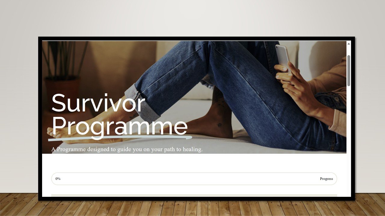 A large screen displays a webpage titled 'Survivor Programme' with a subtitle about guiding on the path to healing. The background image shows a person sitting on a couch or bed, wearing blue jeans and a beige jacket, holding a smartphone.