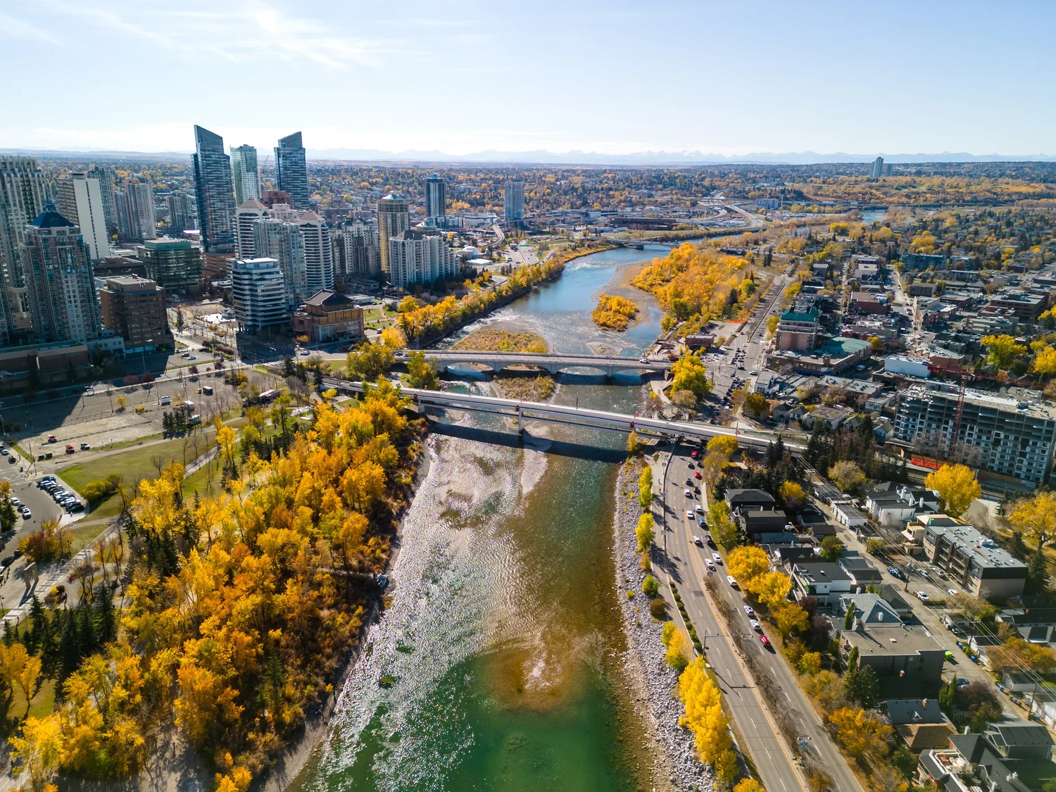 Aerial view of Calgary along the Bow River