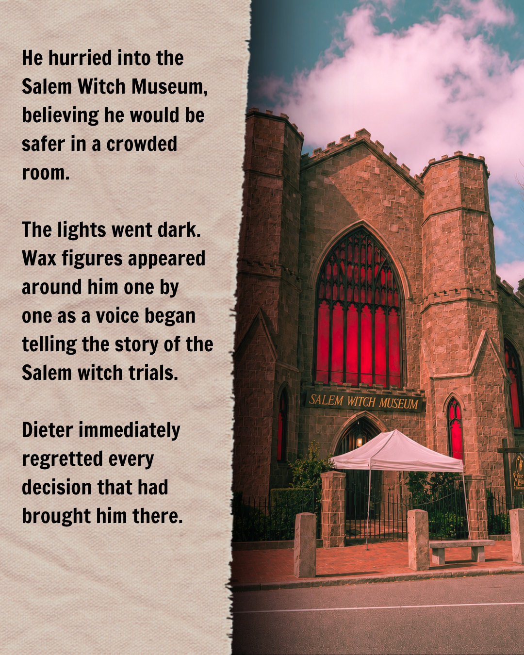 The Salem Witch Museum in Salem, Massachusetts, featuring its historic stone exterior, Gothic windows, and red stained glass in a Halloween story starring Dieter Bravo.