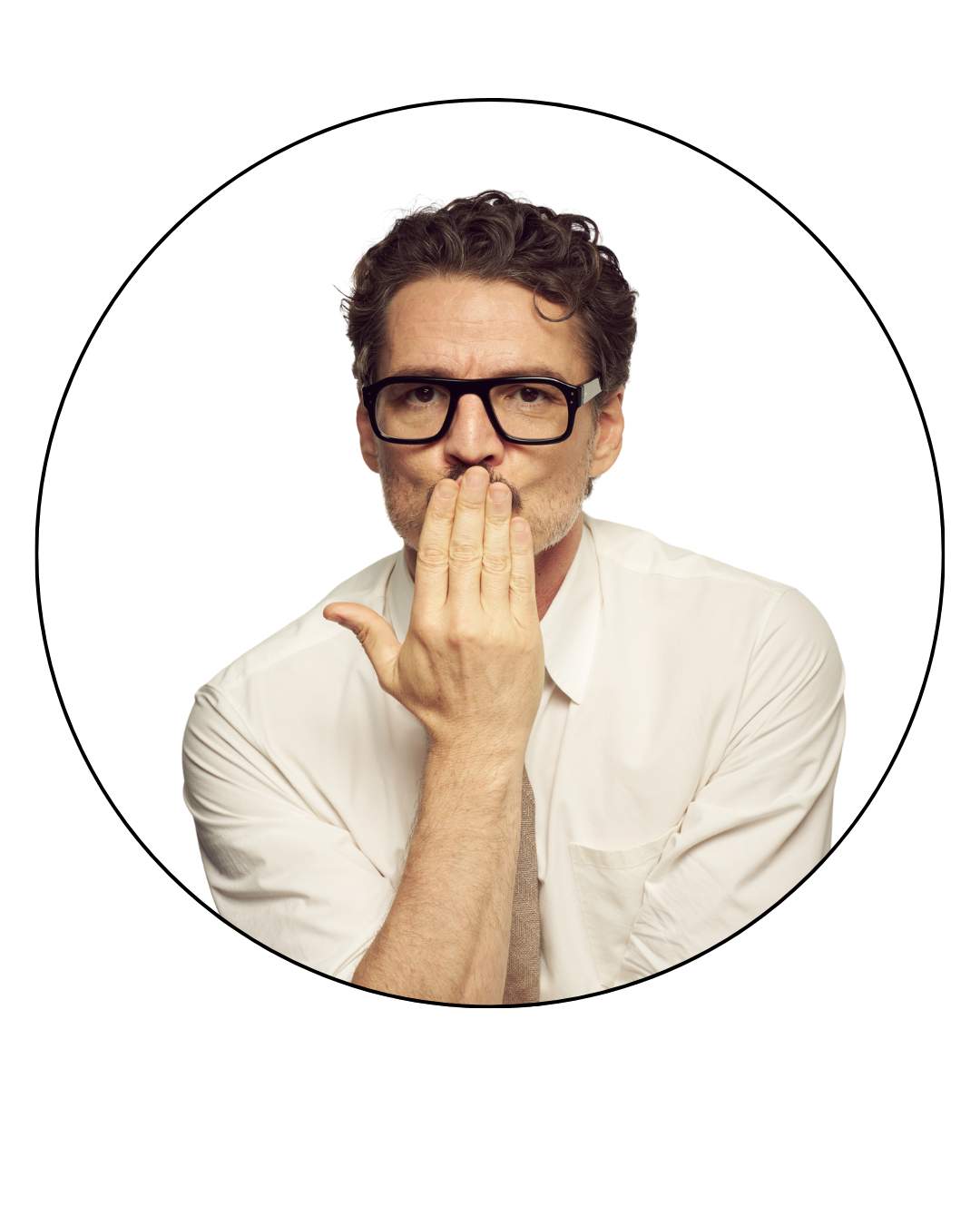 A middle-aged man with glasses and curly hair, wearing a white shirt, covering his mouth with his hand, looking surprised or contemplative.