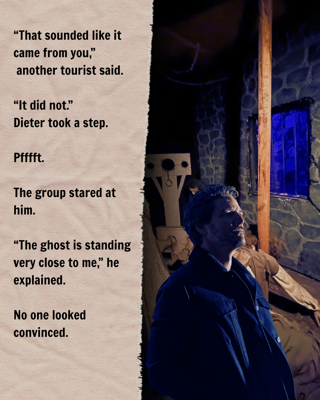Pedro Pascal portraying Dieter Bravo inside the Witch Dungeon Museum in Salem, surrounded by dark stone walls and historical displays during a supernatural ghost tour.