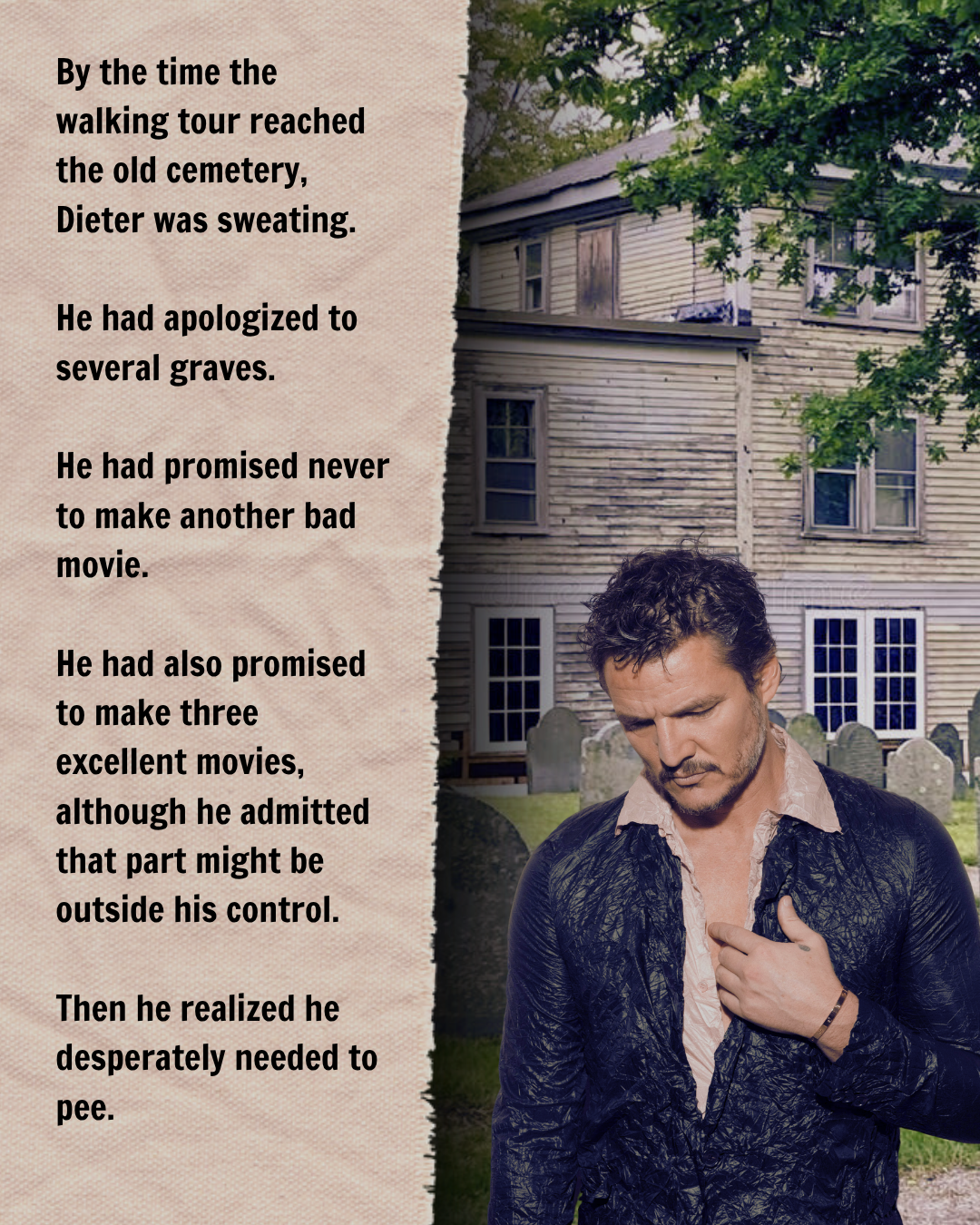Pedro Pascal as Dieter Bravo looking down anxiously in a historic Salem cemetery, surrounded by old gravestones and a white wooden building in a Halloween fan-fiction illustration.