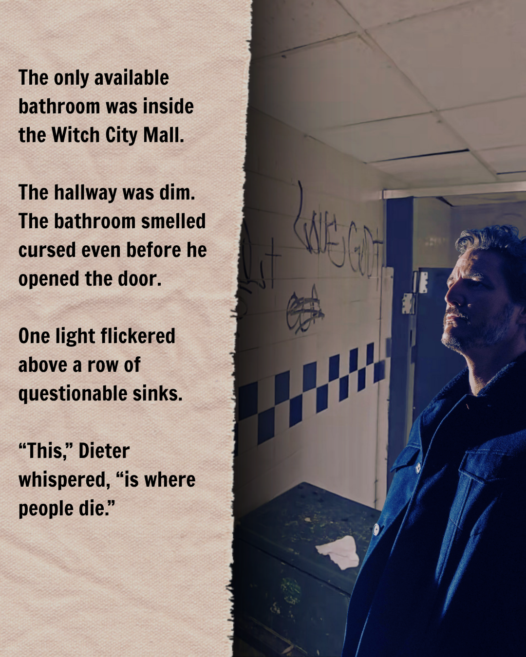 Pedro Pascal as Dieter Bravo standing inside a dimly lit, graffiti-covered public restroom at Salem's Witch City Mall, looking uneasy in a comedic Halloween ghost story.
