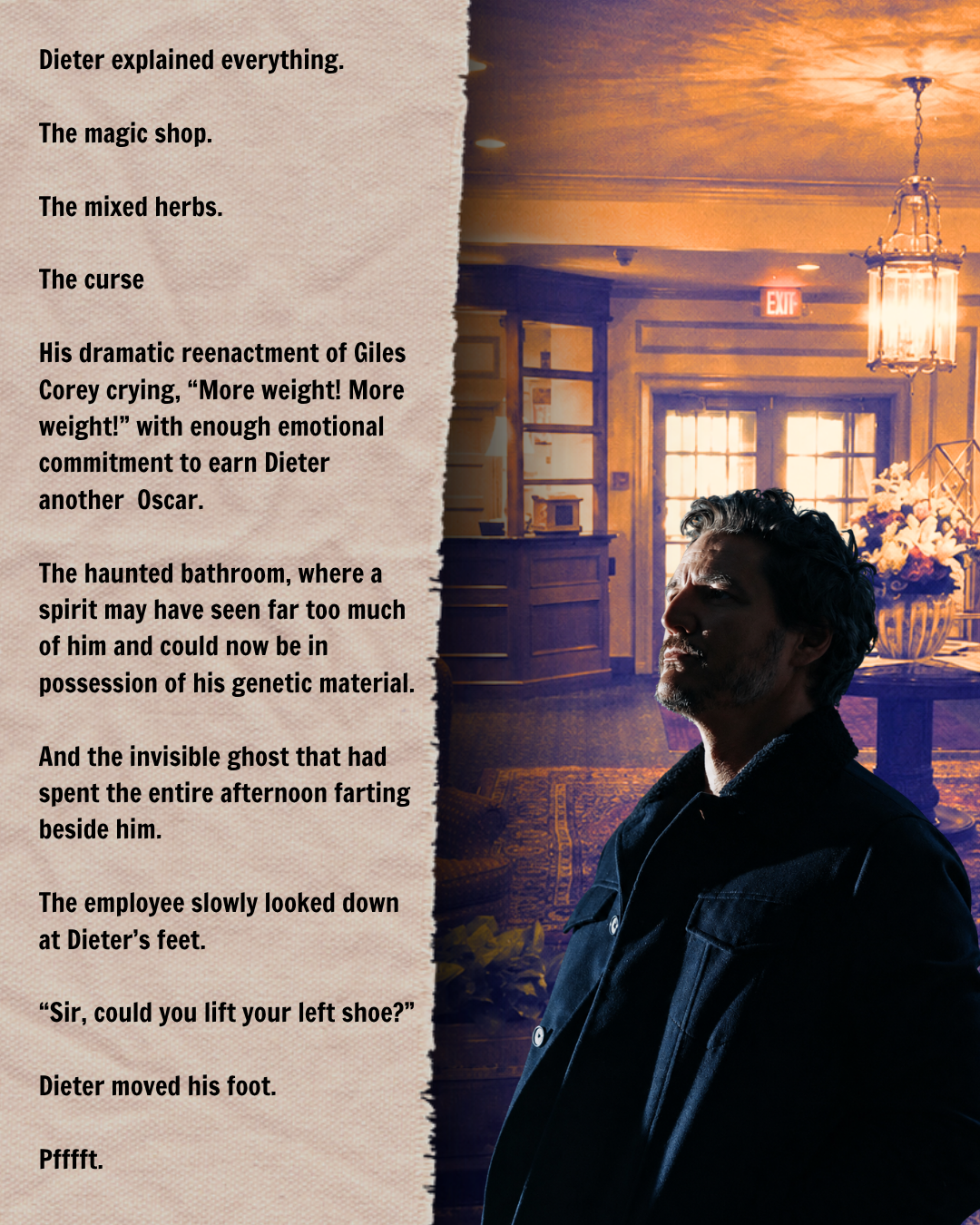 Pedro Pascal portraying Dieter Bravo inside the Hawthorne Hotel lobby in Salem, recounting his encounters with a mysterious curse, ghostly noises, and a supposedly haunted bathroom.